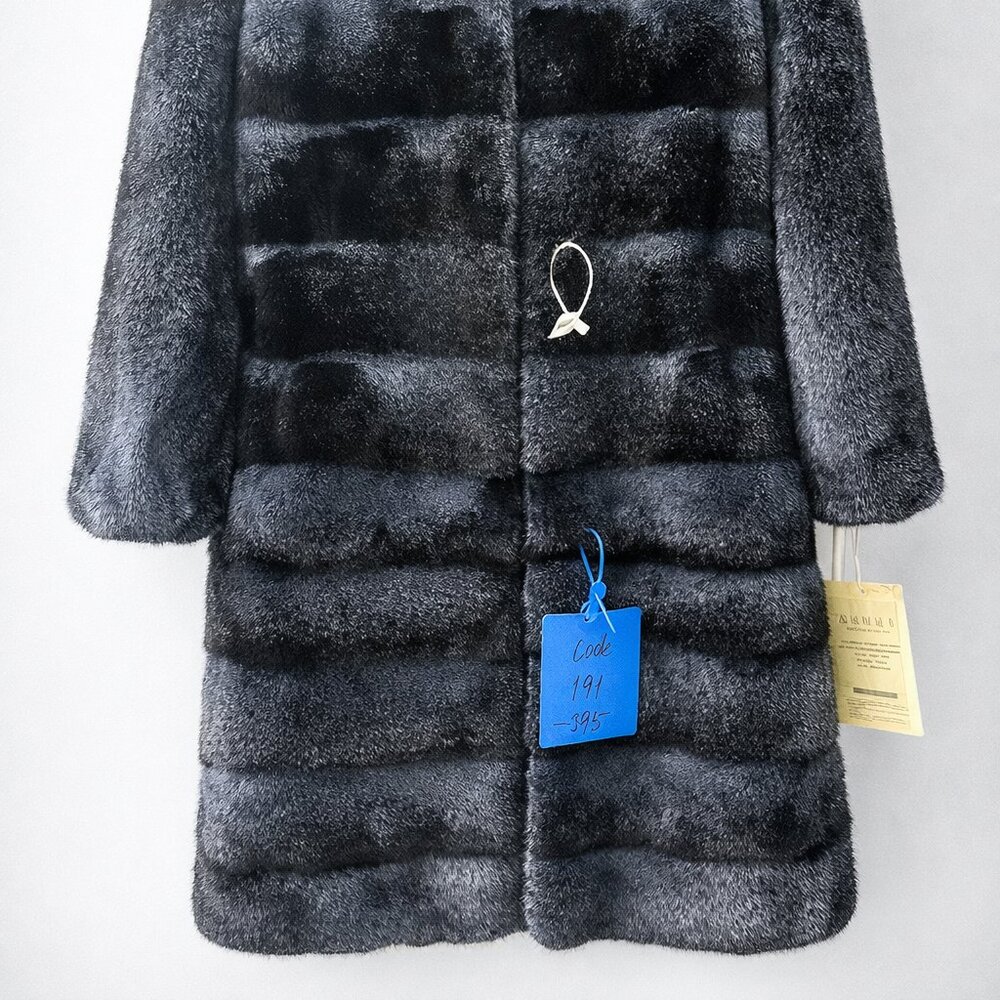 NEW Genuine Hooded Mink Fur Coat – Dark Blue-Black Luxury Elegance - Picture 2 of 10